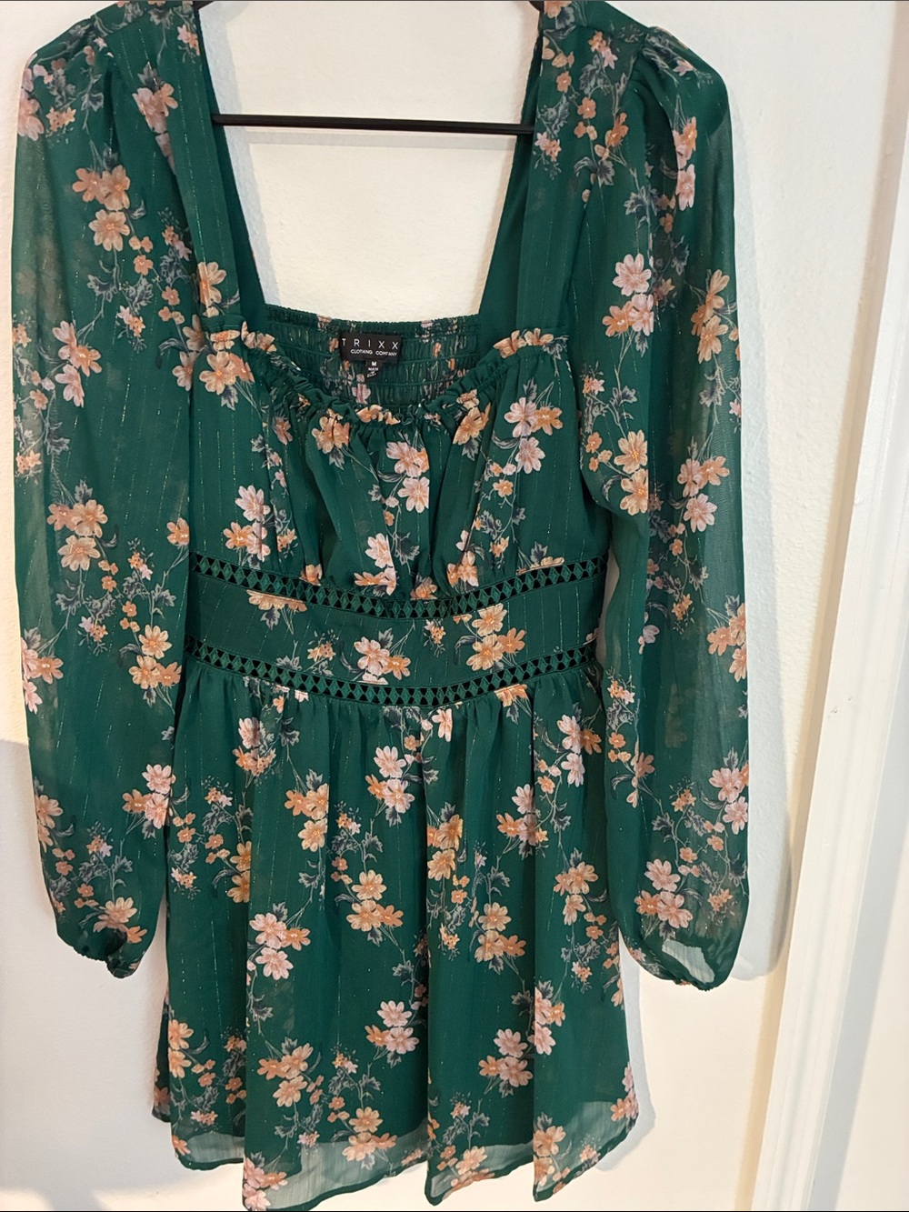 Trixxi Emerald Green Floral Mini Dress with Peach Blooms